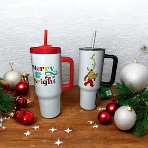 2- New 40 oz Stainless Steel Tumblers Christmas Cups Grinch Max, Merry & Bright